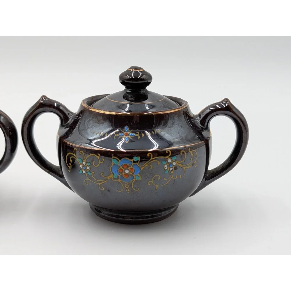 Vintage Japan Ceramic Creamer Pitcher‎ and Sugar Bowl with Lid Floral Accents